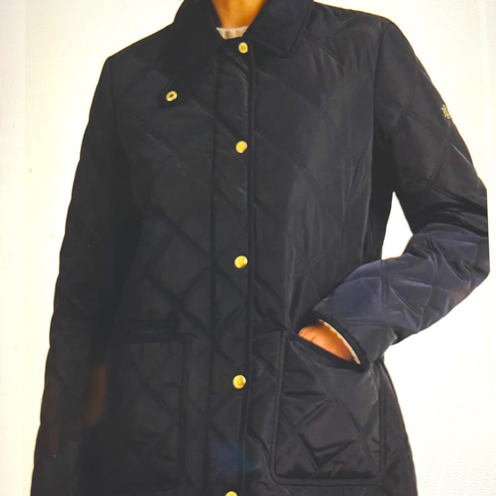 Ralph Lauren Quilted Berber Jacket, Navy, Sz Lg, NWT, Medium Length, Gold Hdwe